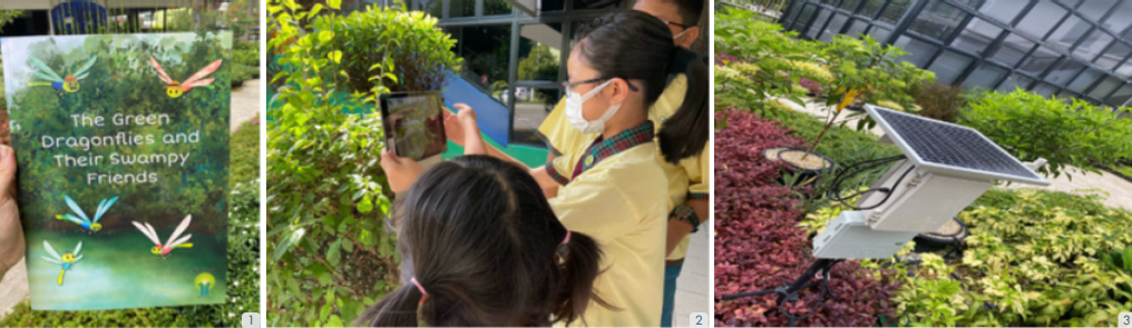 Image shows 1: As the 'Garden of Hope' materialised, Blangah Rise Primary School took the opportunity to launch their newly published book, 'The Green Dragonflies and Their Swampy Friends'. This book serves as a valuable resource for students, providing them with information about the local flora and fauna. 2: The garden also serves as a base to train student docents to bring the public on a guided nature tour around Telok Blangah and Berlayer Creek. 3: The garden is designed to be self-sustaining, with the use of solar panels for its auto-irrigation system and the harvesting of rainwater for irrigation.